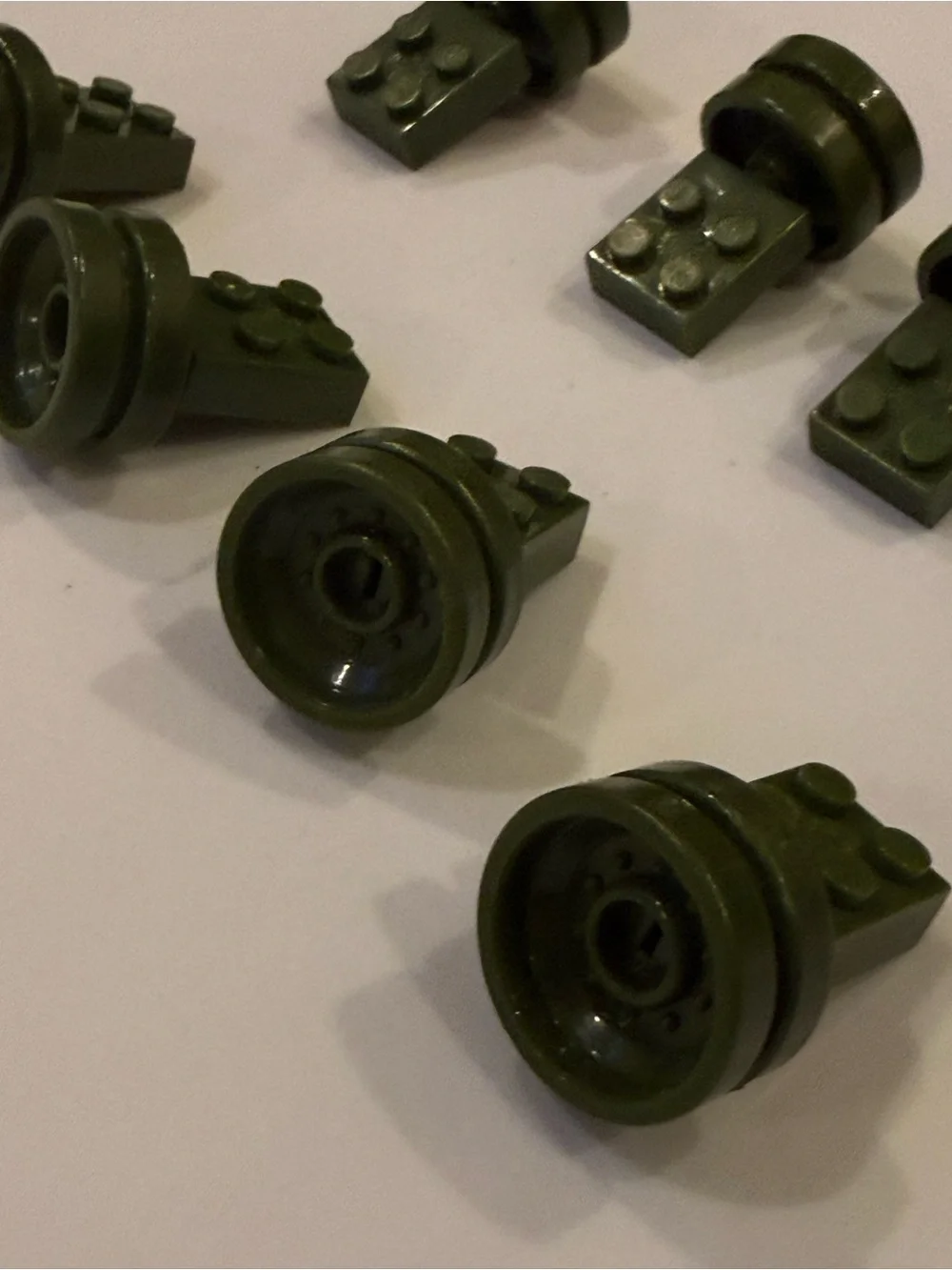 LEGO 8 Army Green 1x1 Connected To Wheel Pieces Parts Blocks Lot